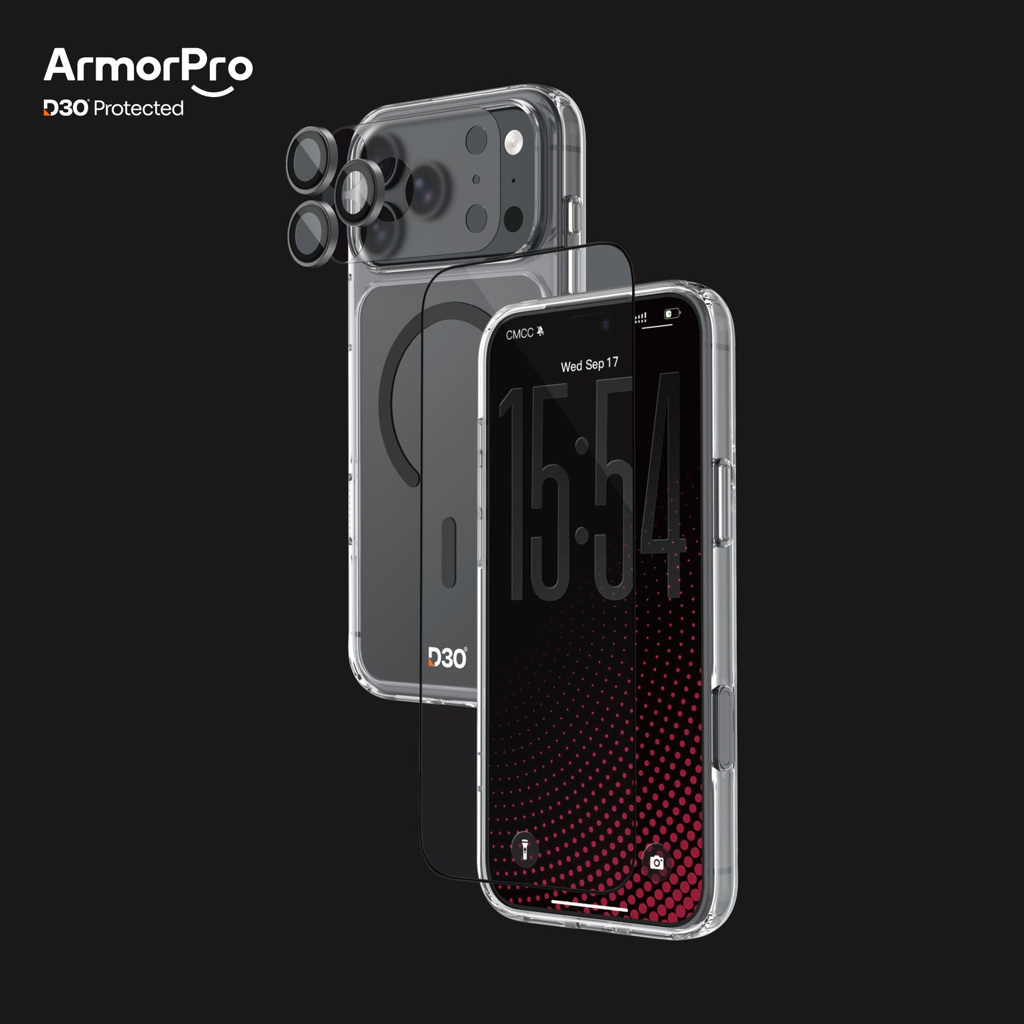 ArmorPro D3O 4-in-1 Combo with Capture Button  (HD Anti-Reflective Screen Protector & DoubleAR Camera Lens & D3O Clear Case with Black MagSafe & Lens Module Protection Film) for iP18 Series