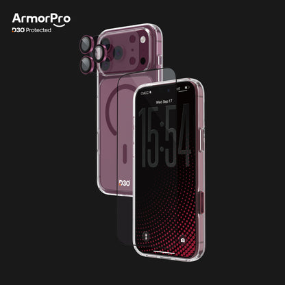 ArmorPro D3O 4-in-1 Combo with Capture Button  (HD Anti-Reflective Screen Protector & DoubleAR Camera Lens & D3O Clear Case with Dark Cherry MagSafe & Lens Module Protection Film) for iP18 Series