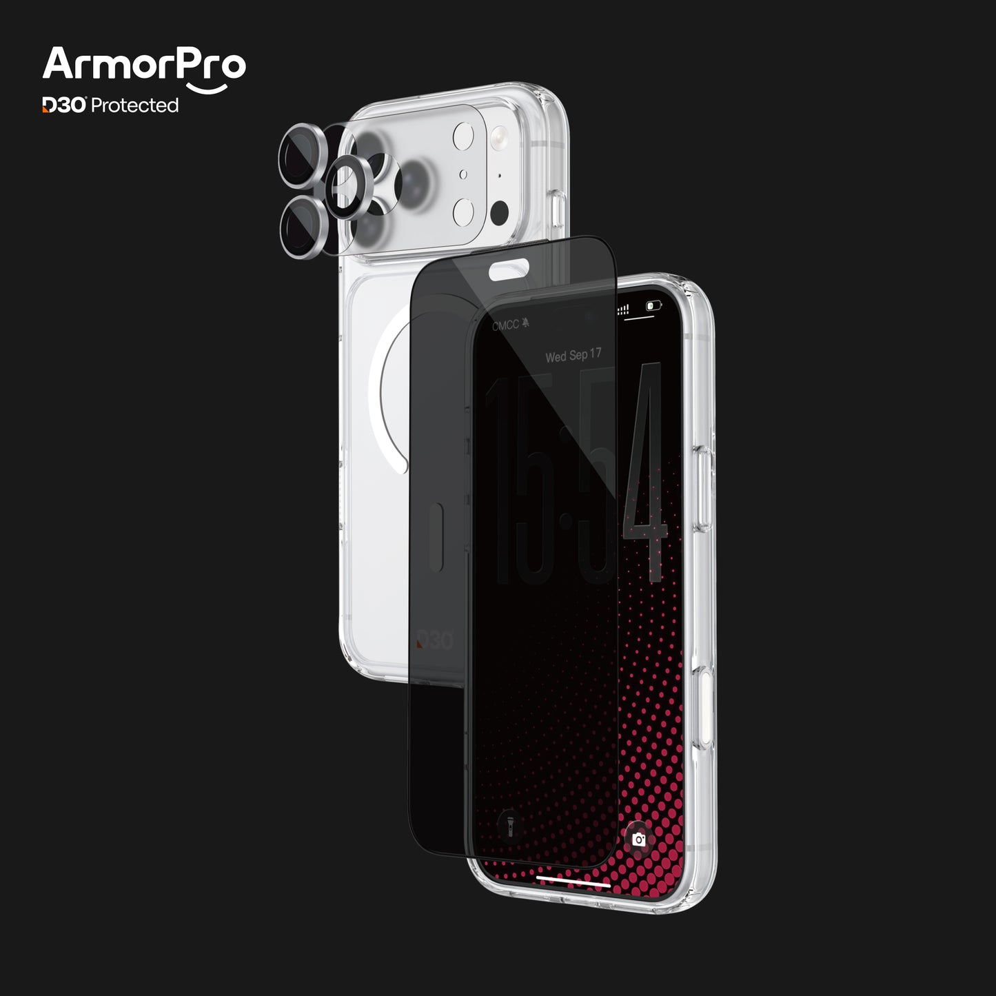 ArmorPro D3O 4-in-1 Combo with Capture Button (Privacy Anti-Reflective Screen Protector & DoubleAR Camera Lens & D3O Clear Case with White MagSafe & Lens Module Protection Film) for iP18 Series