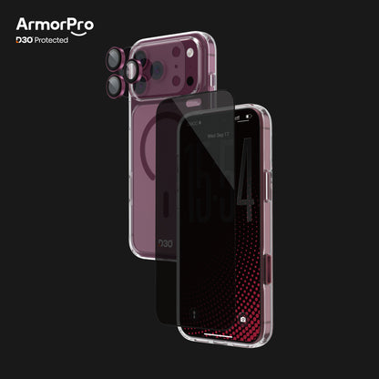 ArmorPro D3O 4-in-1 Combo with Capture Button (Privacy Anti-Reflective Screen Protector & DoubleAR Camera Lens & D3O Clear Case with Dark Cherry MagSafe & Lens Module Protection Film) for iP18 Series
