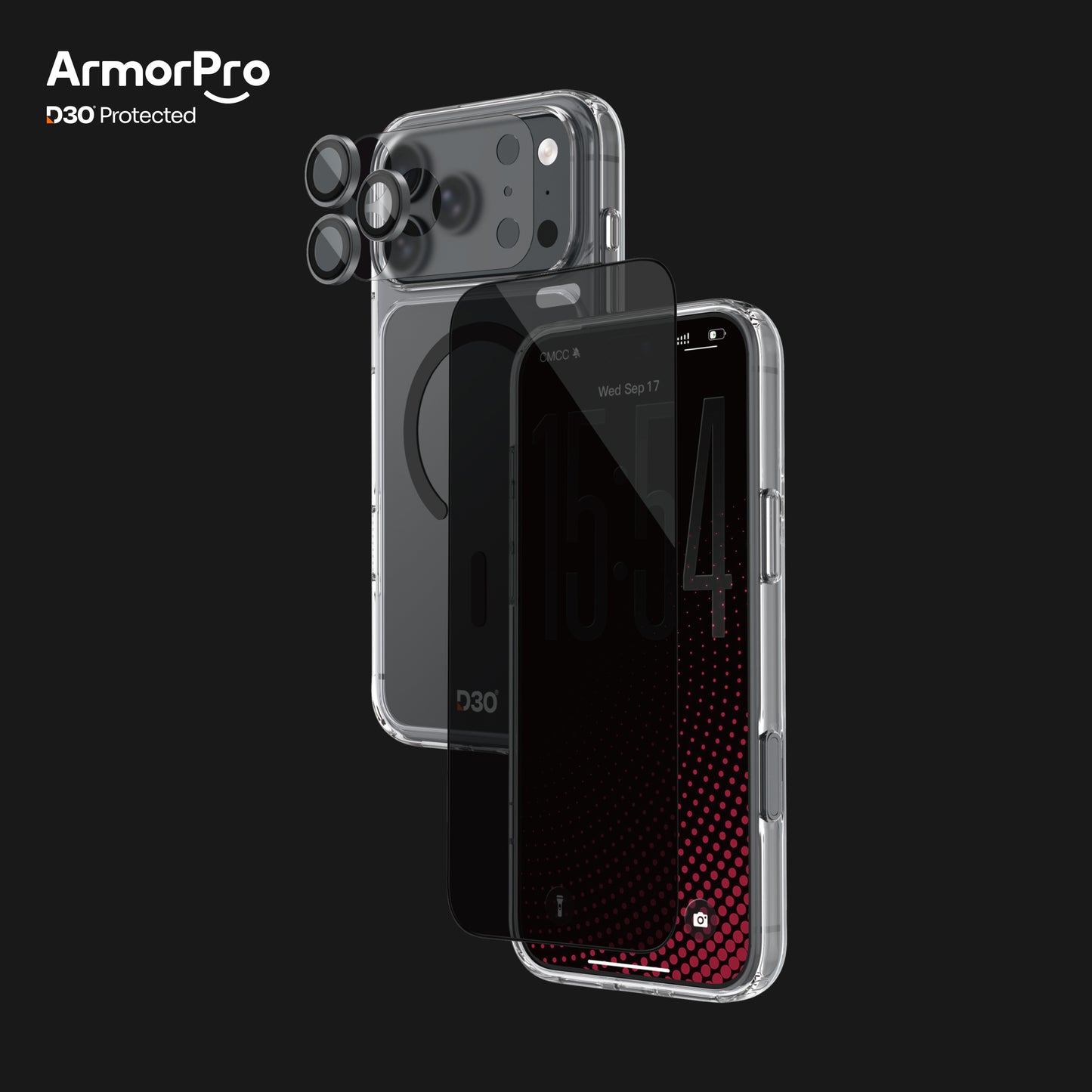 ArmorPro D3O 4-in-1 Combo with Capture Button (Privacy Anti-Reflective Screen Protector & DoubleAR Camera Lens & D3O Clear Case with Black MagSafe & Lens Module Protection Film) for iP18 Series