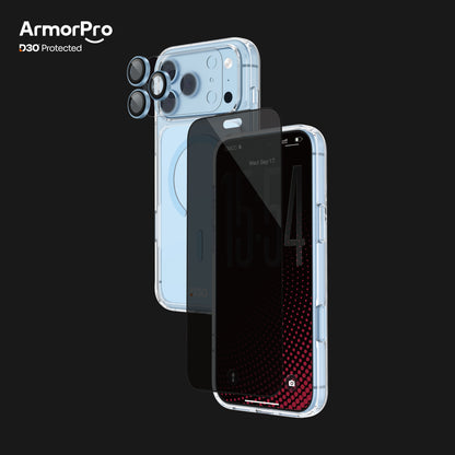 ArmorPro D3O 4-in-1 Combo with Capture Button (Privacy Anti-Reflective Screen Protector & DoubleAR Camera Lens & D3O Clear Case with Cloud Blue MagSafe & Lens Module Protection Film) for iP18 Series