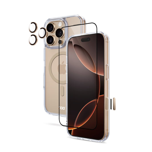 ArmorPro D3O 3-in-1 Combo (HD Anti-Reflective Screen Protector & DoubleAR Camera Lens & D3O Clear Case with Gold MagSafe) for iPhone 16 Pro & 16 Pro Max