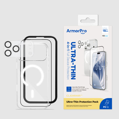 ArmorPro ClearAir 4-in-1 Combo (HD Ultra Thin Screen Protector & Transparent Camera Lens & Lens Module Protection Film & Slim Clear Case with MagSafe) for iP18 Series