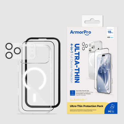 ArmorPro ClearAir 4-in-1 Combo (HD Ultra Thin Screen Protector & Transparent Camera Lens & Lens Module Protection Film & Slim Clear Case with MagSafe) for iP18 Series