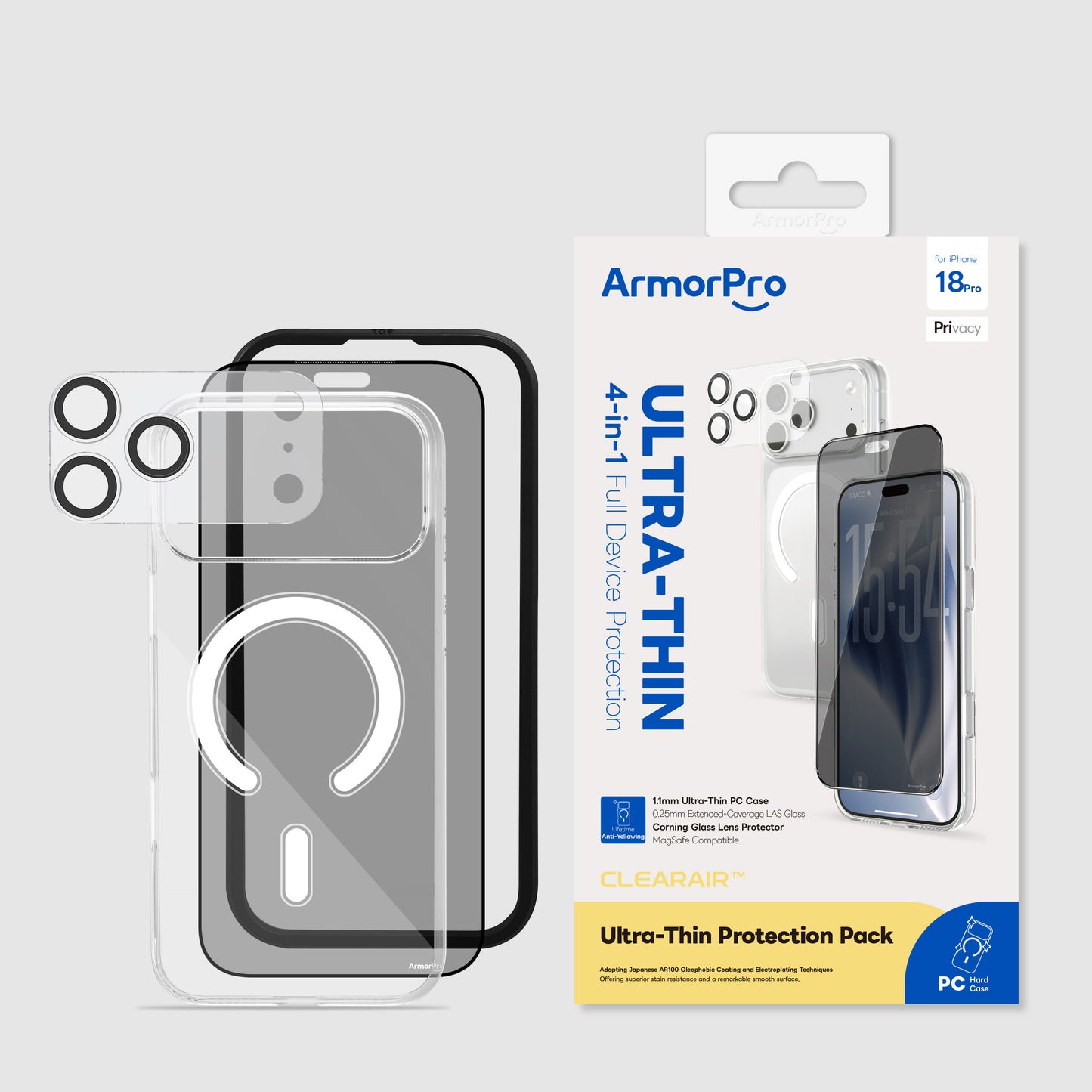 ArmorPro ClearAir 4-in-1 Combo (Privacy Ultra Thin Screen Protector & Transparent Camera Lens & Lens Module Protection Film & Slim Clear Case with MagSafe) for iP18 Series