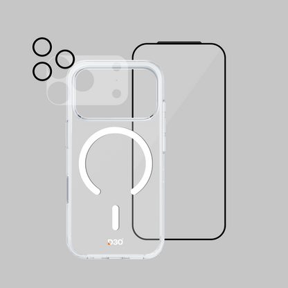 ArmorPro D3O 4-in-1 Combo with Capture Button  (HD Anti-Reflective Screen Protector & DoubleAR Camera Lens & D3O Clear Case with White MagSafe & Lens Module Protection Film) for iP18 Series
