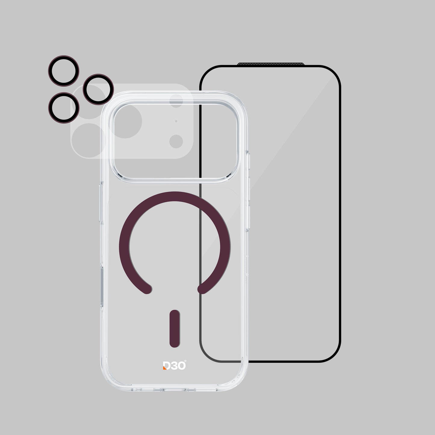 ArmorPro D3O 4-in-1 Combo with Capture Button  (HD Anti-Reflective Screen Protector & DoubleAR Camera Lens & D3O Clear Case with Dark Cherry MagSafe & Lens Module Protection Film) for iP18 Series