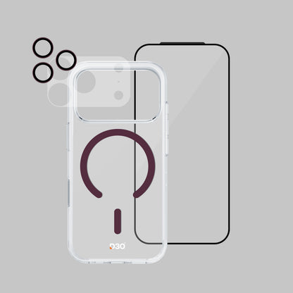 ArmorPro D3O 4-in-1 Combo with Capture Button  (HD Anti-Reflective Screen Protector & DoubleAR Camera Lens & D3O Clear Case with Dark Cherry MagSafe & Lens Module Protection Film) for iP18 Series