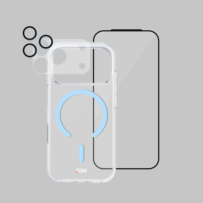 ArmorPro D3O 4-in-1 Combo with Capture Button (HD Anti-Reflective Screen Protector & DoubleAR Camera Lens & D3O Clear Case with Cloud Blue MagSafe & Lens Module Protection Film) for iP18 Series