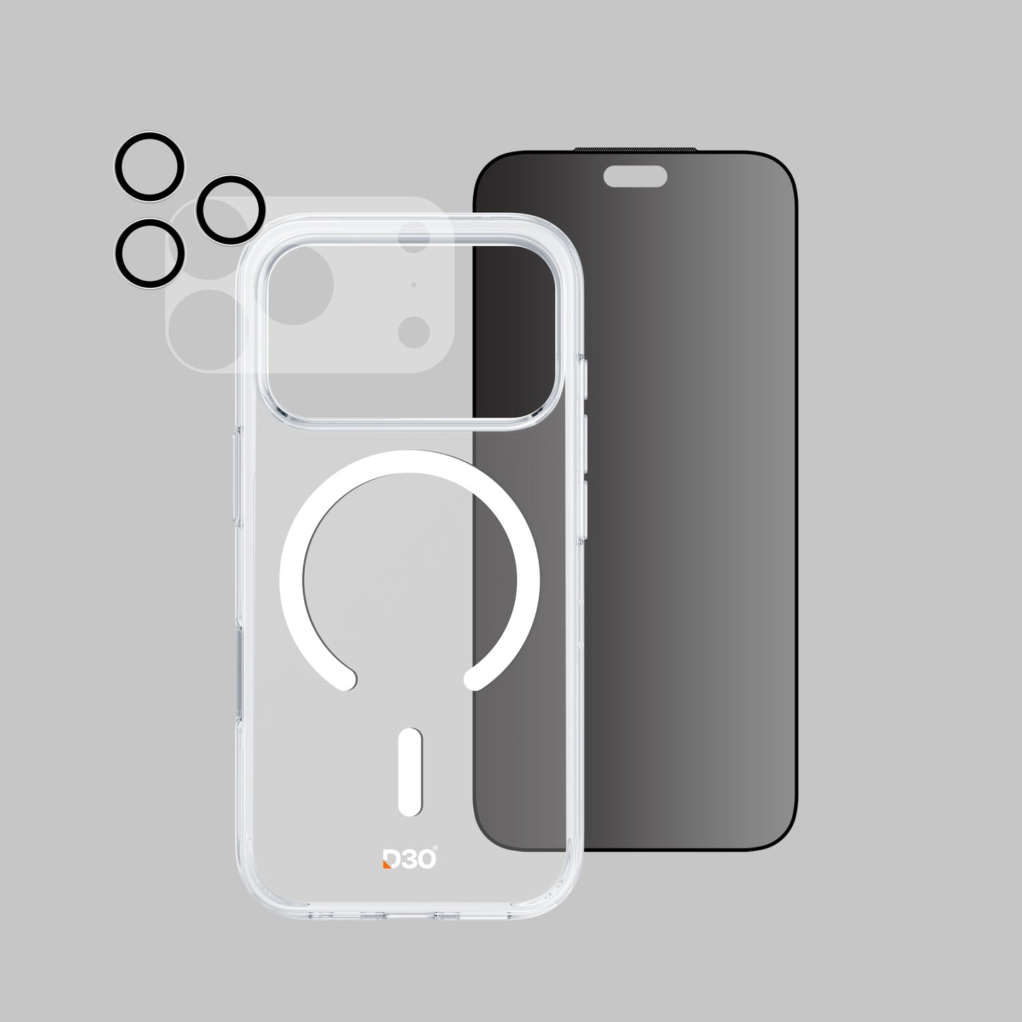 ArmorPro D3O 4-in-1 Combo with Capture Button (Privacy Anti-Reflective Screen Protector & DoubleAR Camera Lens & D3O Clear Case with White MagSafe & Lens Module Protection Film) for iP18 Series