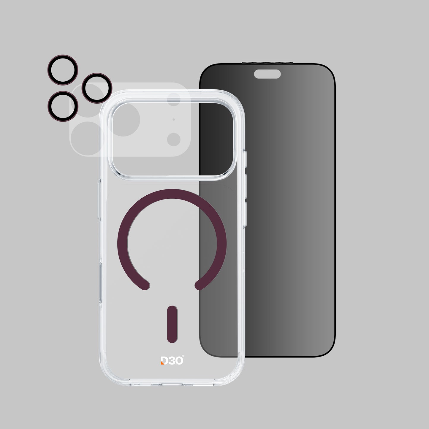 ArmorPro D3O 4-in-1 Combo with Capture Button (Privacy Anti-Reflective Screen Protector & DoubleAR Camera Lens & D3O Clear Case with Dark Cherry MagSafe & Lens Module Protection Film) for iP18 Series