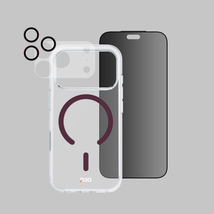 ArmorPro D3O 4-in-1 Combo with Capture Button (Privacy Anti-Reflective Screen Protector & DoubleAR Camera Lens & D3O Clear Case with Dark Cherry MagSafe & Lens Module Protection Film) for iP18 Series