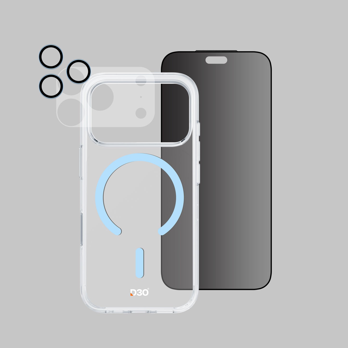 ArmorPro D3O 4-in-1 Combo with Capture Button (Privacy Anti-Reflective Screen Protector & DoubleAR Camera Lens & D3O Clear Case with Cloud Blue MagSafe & Lens Module Protection Film) for iP18 Series