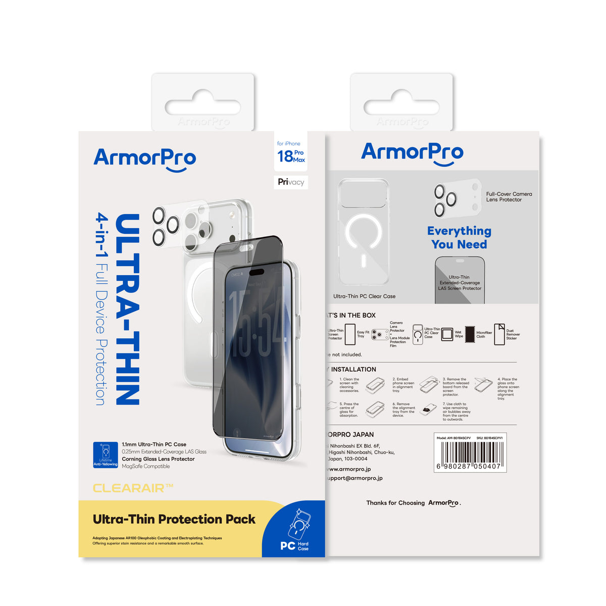 ArmorPro ClearAir 4-in-1 Combo (Privacy Ultra Thin Screen Protector & Transparent Camera Lens & Lens Module Protection Film & Slim Clear Case with MagSafe) for iP18 Series
