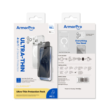ArmorPro ClearAir 4-in-1 Combo (Privacy Ultra Thin Screen Protector & Transparent Camera Lens & Lens Module Protection Film & Slim Clear Case with MagSafe) for iP18 Series