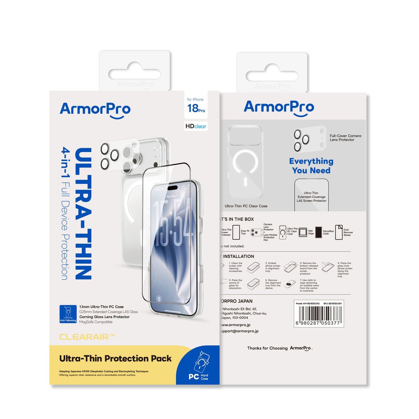 ArmorPro ClearAir 4-in-1 Combo (HD Ultra Thin Screen Protector & Transparent Camera Lens & Lens Module Protection Film & Slim Clear Case with MagSafe) for iP18 Series