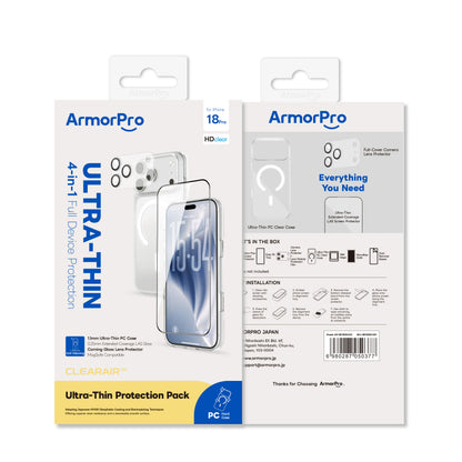 ArmorPro ClearAir 4-in-1 Combo (HD Ultra Thin Screen Protector & Transparent Camera Lens & Lens Module Protection Film & Slim Clear Case with MagSafe) for iP18 Series