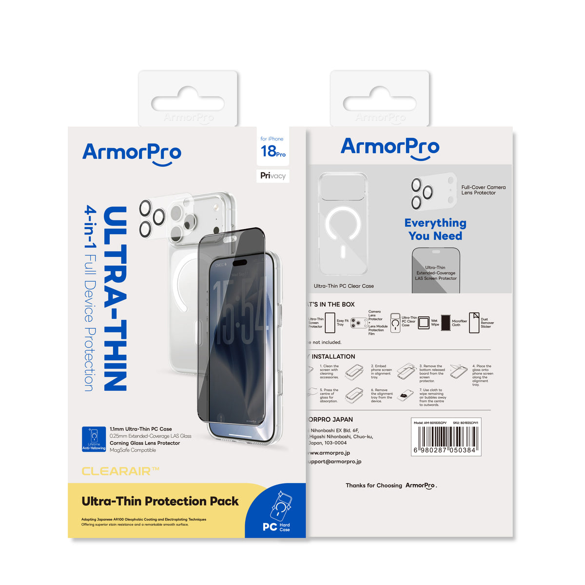 ArmorPro ClearAir 4-in-1 Combo (Privacy Ultra Thin Screen Protector & Transparent Camera Lens & Lens Module Protection Film & Slim Clear Case with MagSafe) for iP18 Series