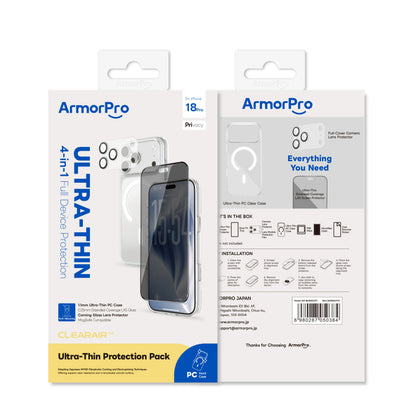 ArmorPro ClearAir 4-in-1 Combo (Privacy Ultra Thin Screen Protector & Transparent Camera Lens & Lens Module Protection Film & Slim Clear Case with MagSafe) for iP18 Series