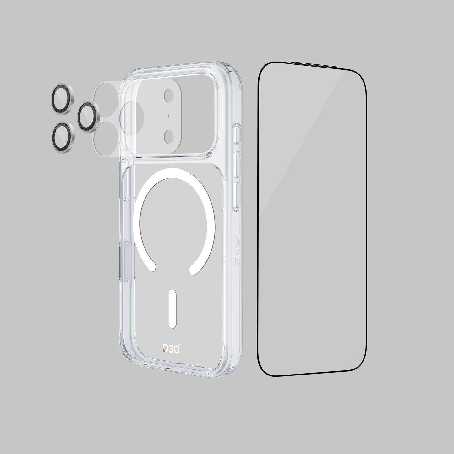 ArmorPro D3O 4-in-1 Combo with Capture Button  (HD Anti-Reflective Screen Protector & DoubleAR Camera Lens & D3O Clear Case with White MagSafe & Lens Module Protection Film) for iP18 Series