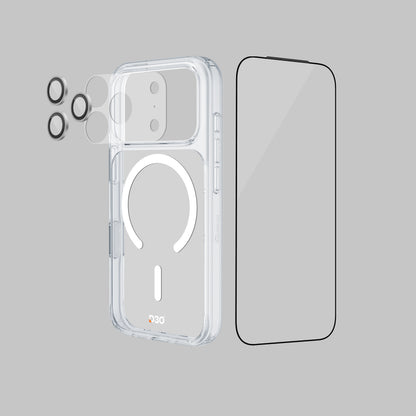 ArmorPro D3O 4-in-1 Combo with Capture Button  (HD Anti-Reflective Screen Protector & DoubleAR Camera Lens & D3O Clear Case with White MagSafe & Lens Module Protection Film) for iP18 Series