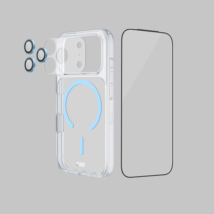 ArmorPro D3O 4-in-1 Combo with Capture Button (HD Anti-Reflective Screen Protector & DoubleAR Camera Lens & D3O Clear Case with Cloud Blue MagSafe & Lens Module Protection Film) for iP18 Series