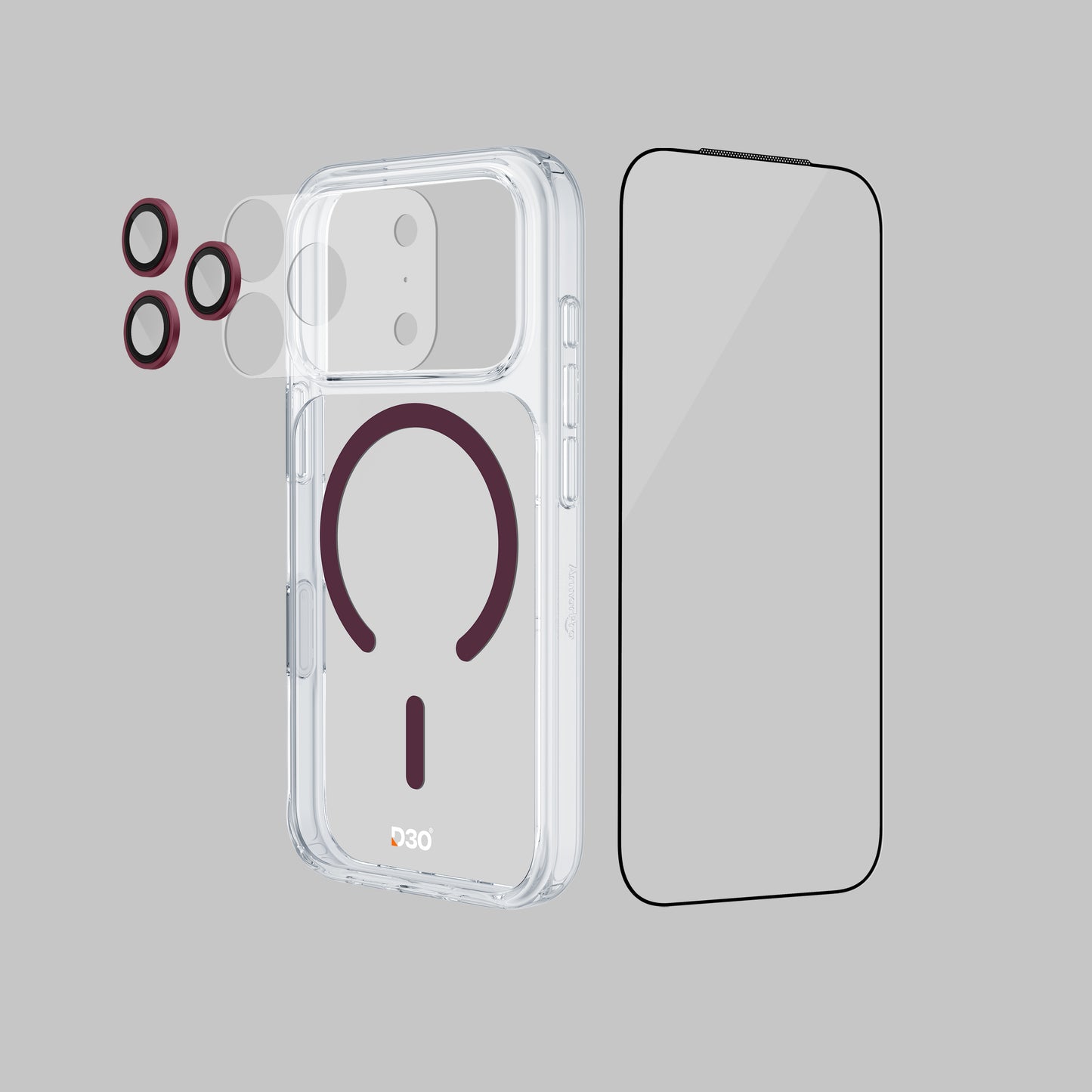 ArmorPro D3O 4-in-1 Combo with Capture Button  (HD Anti-Reflective Screen Protector & DoubleAR Camera Lens & D3O Clear Case with Dark Cherry MagSafe & Lens Module Protection Film) for iP18 Series