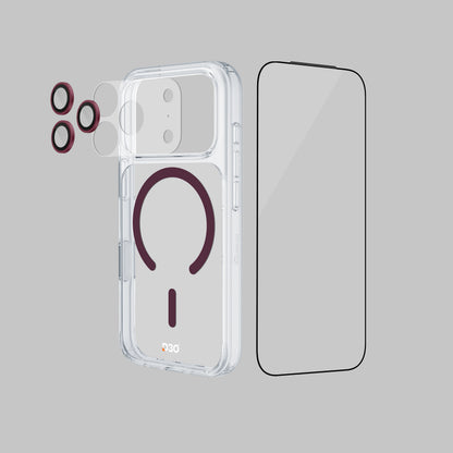 ArmorPro D3O 4-in-1 Combo with Capture Button  (HD Anti-Reflective Screen Protector & DoubleAR Camera Lens & D3O Clear Case with Dark Cherry MagSafe & Lens Module Protection Film) for iP18 Series
