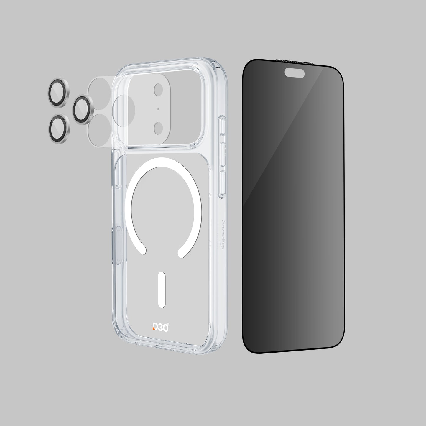 ArmorPro D3O 4-in-1 Combo with Capture Button (Privacy Anti-Reflective Screen Protector & DoubleAR Camera Lens & D3O Clear Case with White MagSafe & Lens Module Protection Film) for iP18 Series