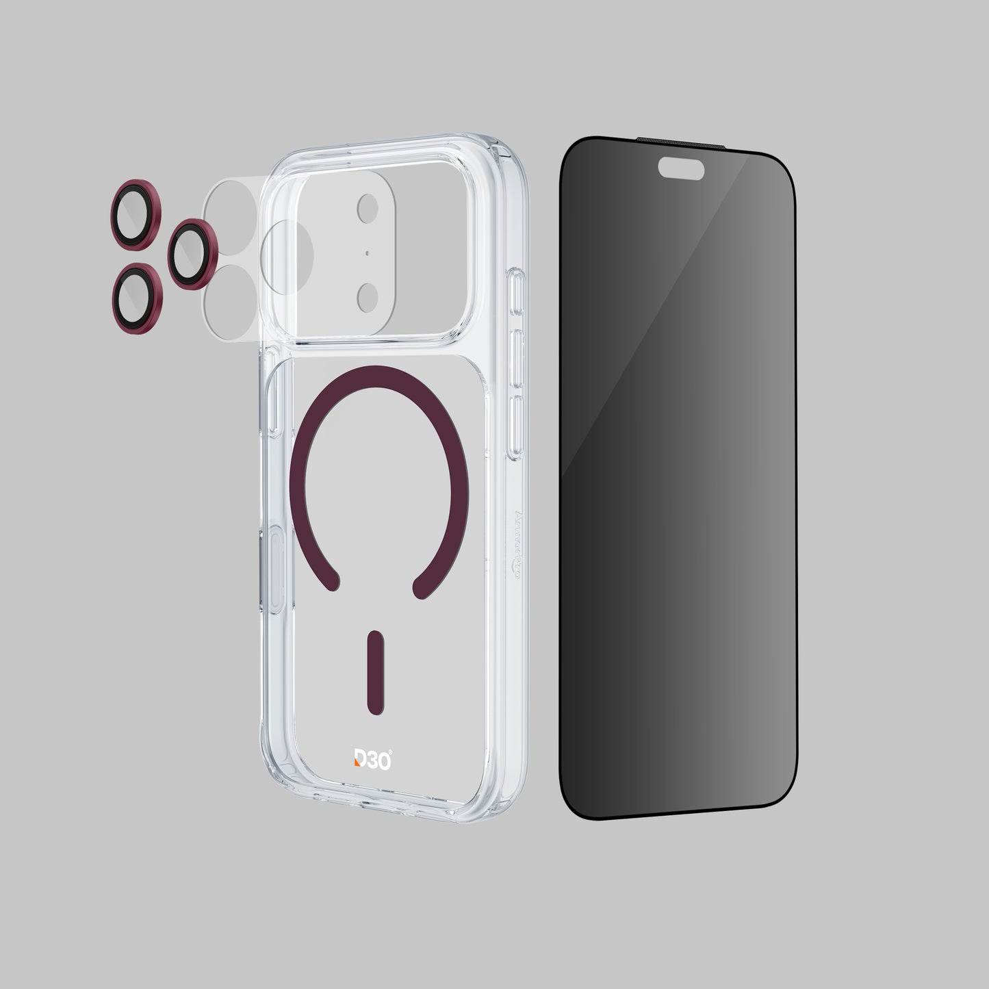 ArmorPro D3O 4-in-1 Combo with Capture Button (Privacy Anti-Reflective Screen Protector & DoubleAR Camera Lens & D3O Clear Case with Dark Cherry MagSafe & Lens Module Protection Film) for iP18 Series