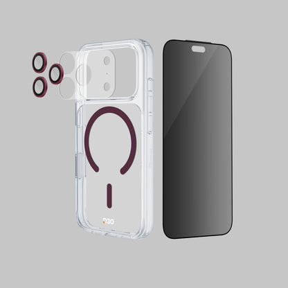 ArmorPro D3O 4-in-1 Combo with Capture Button (Privacy Anti-Reflective Screen Protector & DoubleAR Camera Lens & D3O Clear Case with Dark Cherry MagSafe & Lens Module Protection Film) for iP18 Series
