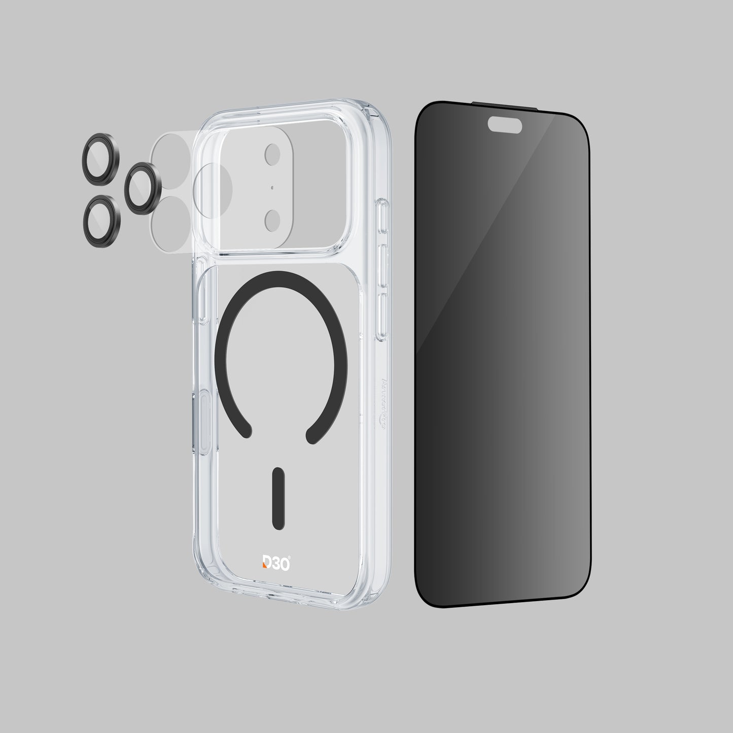 ArmorPro D3O 4-in-1 Combo with Capture Button (Privacy Anti-Reflective Screen Protector & DoubleAR Camera Lens & D3O Clear Case with Black MagSafe & Lens Module Protection Film) for iP18 Series
