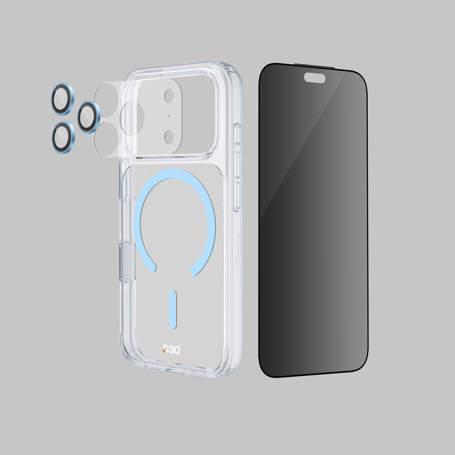 ArmorPro D3O 4-in-1 Combo with Capture Button (Privacy Anti-Reflective Screen Protector & DoubleAR Camera Lens & D3O Clear Case with Cloud Blue MagSafe & Lens Module Protection Film) for iP18 Series