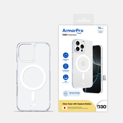 ArmorPro D3O Protected TPU+PC MagSafe Clear Case with Capture Button for iPhone 16 Pro & 16 Pro Max