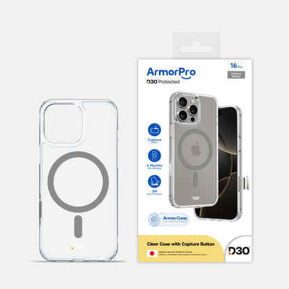 ArmorPro D3O Protected TPU+PC MagSafe Clear Case with Capture Button for iPhone 16 Pro & 16 Pro Max