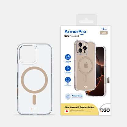 ArmorPro D3O Protected TPU+PC MagSafe Clear Case with Capture Button for iPhone 16 Pro & 16 Pro Max