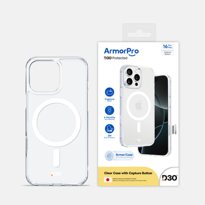 ArmorPro D3O Protected TPU+PC MagSafe Clear Case with Capture Button for iPhone 16 Pro & 16 Pro Max