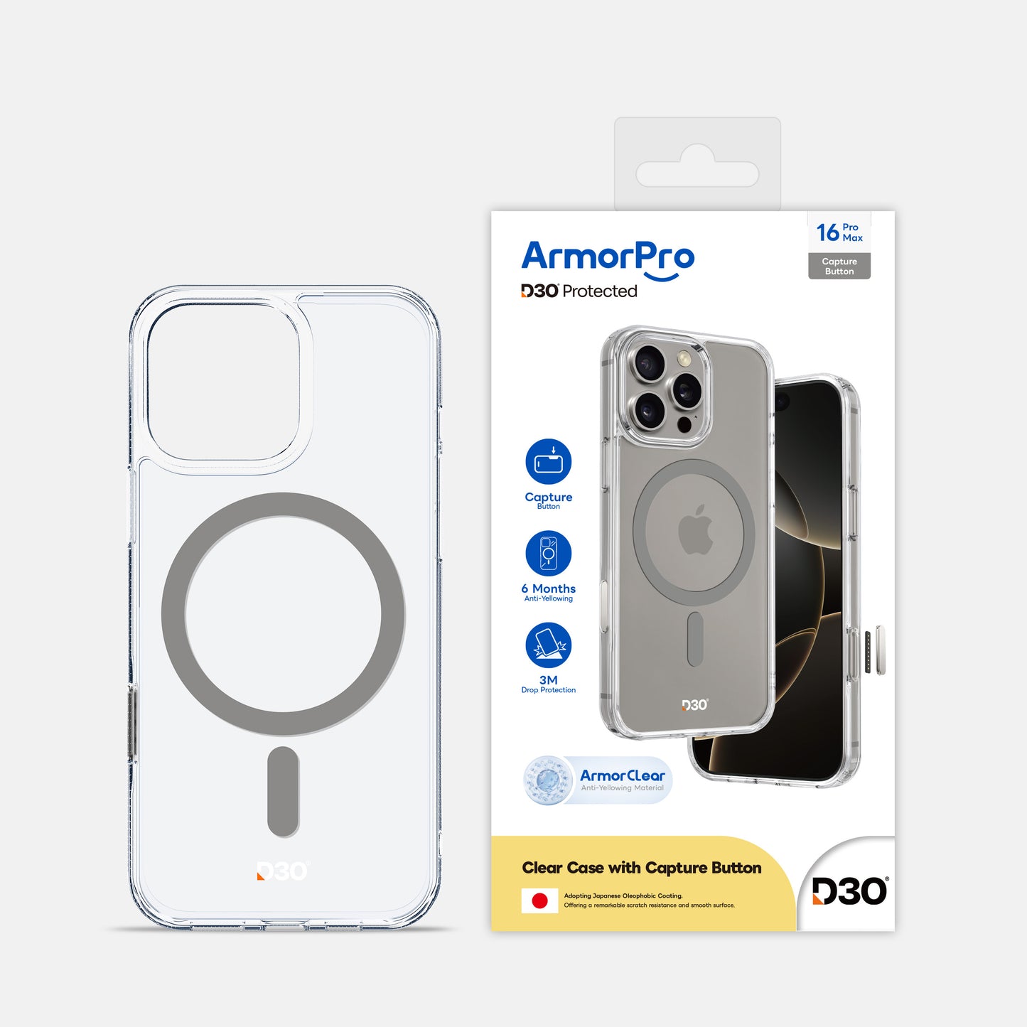 ArmorPro D3O Protected TPU+PC MagSafe Clear Case with Capture Button for iPhone 16 Pro & 16 Pro Max