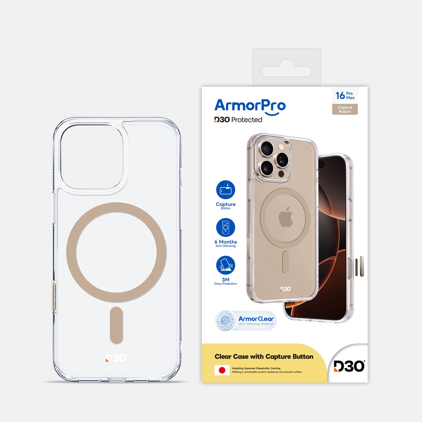 ArmorPro D3O Protected TPU+PC MagSafe Clear Case with Capture Button for iPhone 16 Pro & 16 Pro Max