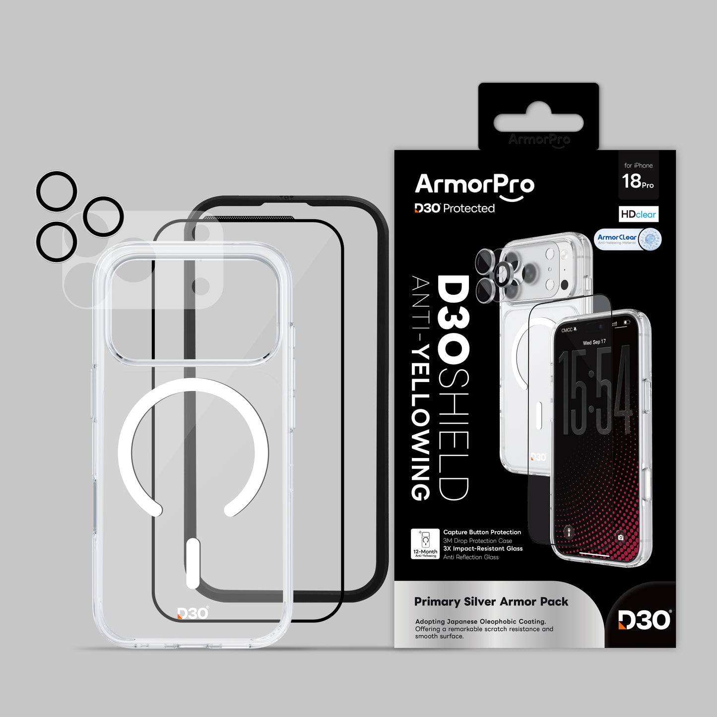 ArmorPro D3O 4-in-1 Combo with Capture Button  (HD Anti-Reflective Screen Protector & DoubleAR Camera Lens & D3O Clear Case with White MagSafe & Lens Module Protection Film) for iP18 Series