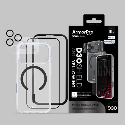 ArmorPro D3O 4-in-1 Combo with Capture Button  (HD Anti-Reflective Screen Protector & DoubleAR Camera Lens & D3O Clear Case with Black MagSafe & Lens Module Protection Film) for iP18 Series