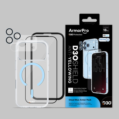 ArmorPro D3O 4-in-1 Combo with Capture Button (HD Anti-Reflective Screen Protector & DoubleAR Camera Lens & D3O Clear Case with Cloud Blue MagSafe & Lens Module Protection Film) for iP18 Series
