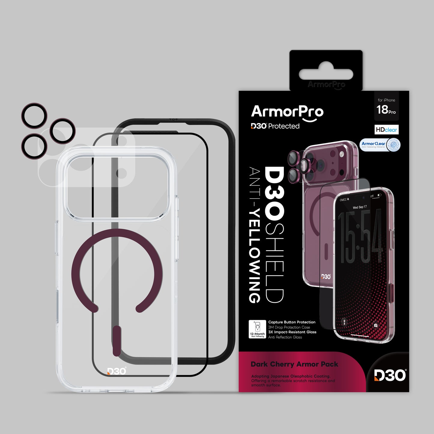 ArmorPro D3O 4-in-1 Combo with Capture Button  (HD Anti-Reflective Screen Protector & DoubleAR Camera Lens & D3O Clear Case with Dark Cherry MagSafe & Lens Module Protection Film) for iP18 Series
