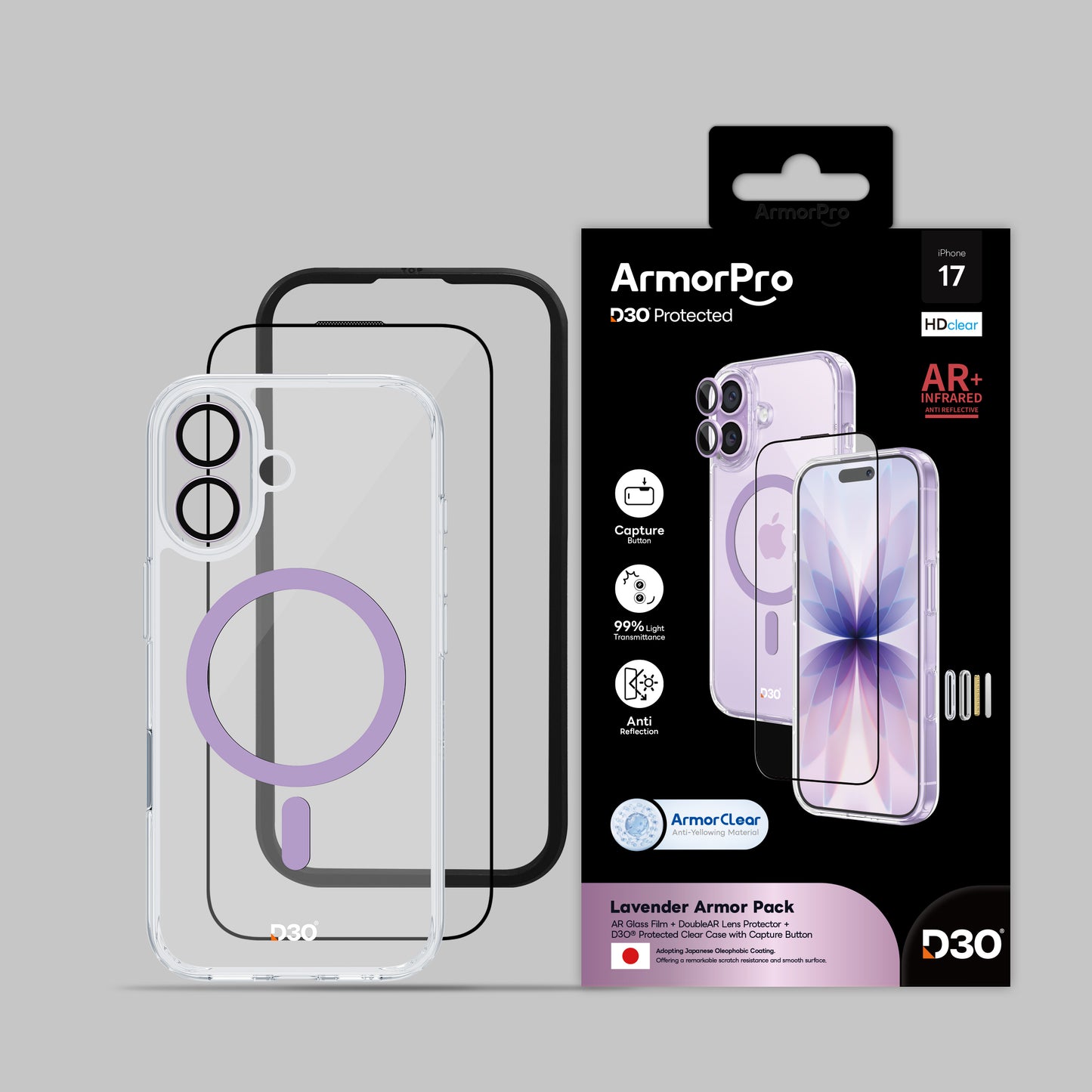 ArmorPro D3O 3-in-1 Combo with Capture Button  (HD Anti-Reflective Screen Protector & DoubleAR Camera Lens & D3O Clear Case with MagSafe) for iPhone 17