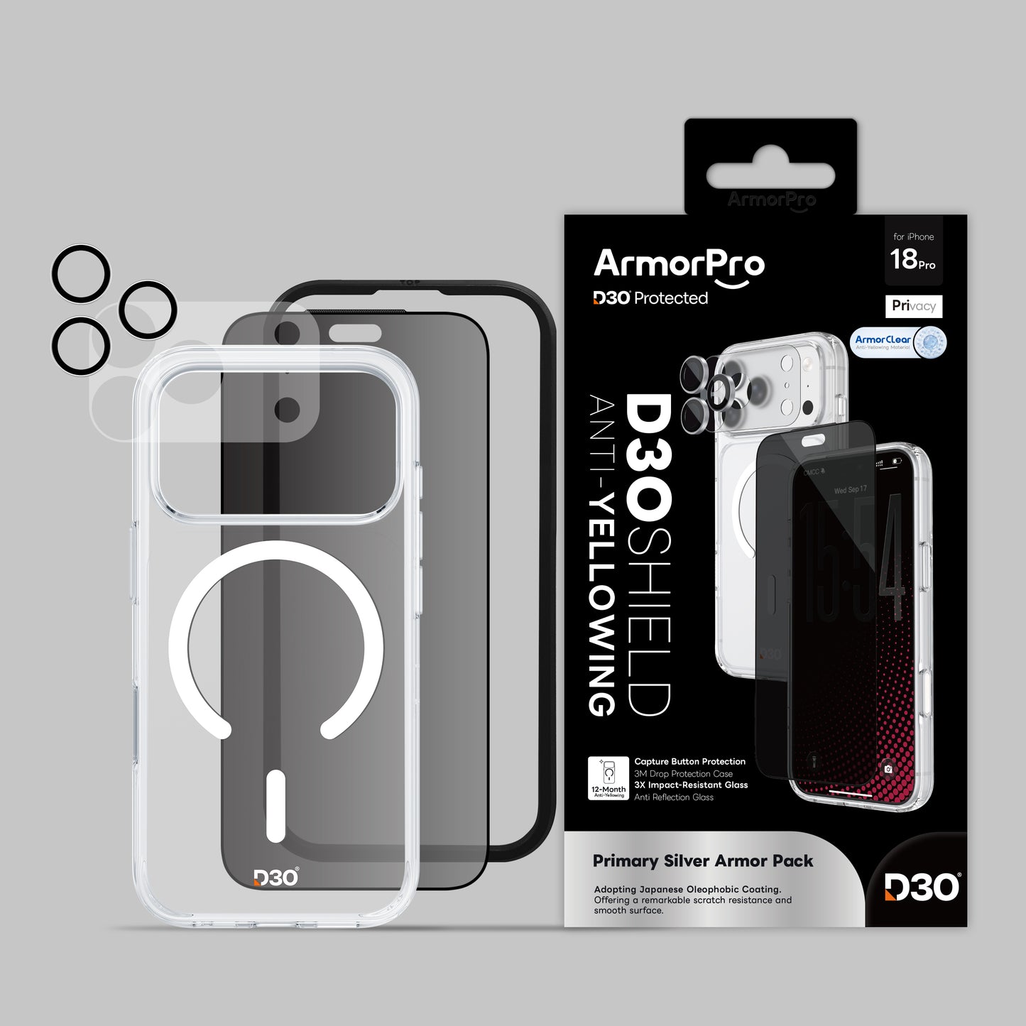 ArmorPro D3O 4-in-1 Combo with Capture Button (Privacy Anti-Reflective Screen Protector & DoubleAR Camera Lens & D3O Clear Case with White MagSafe & Lens Module Protection Film) for iP18 Series