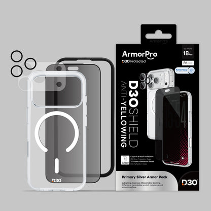 ArmorPro D3O 4-in-1 Combo with Capture Button (Privacy Anti-Reflective Screen Protector & DoubleAR Camera Lens & D3O Clear Case with White MagSafe & Lens Module Protection Film) for iP18 Series
