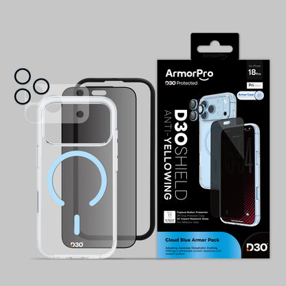 ArmorPro D3O 4-in-1 Combo with Capture Button (Privacy Anti-Reflective Screen Protector & DoubleAR Camera Lens & D3O Clear Case with Cloud Blue MagSafe & Lens Module Protection Film) for iP18 Series