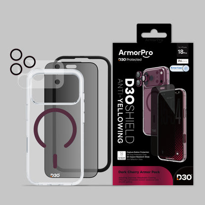 ArmorPro D3O 4-in-1 Combo with Capture Button (Privacy Anti-Reflective Screen Protector & DoubleAR Camera Lens & D3O Clear Case with Dark Cherry MagSafe & Lens Module Protection Film) for iP18 Series