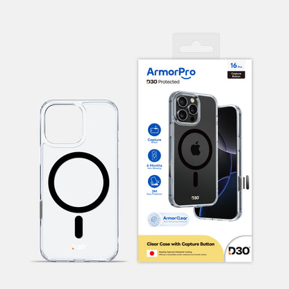 ArmorPro D3O Protected TPU+PC MagSafe Clear Case with Capture Button for iPhone 16 Pro & 16 Pro Max